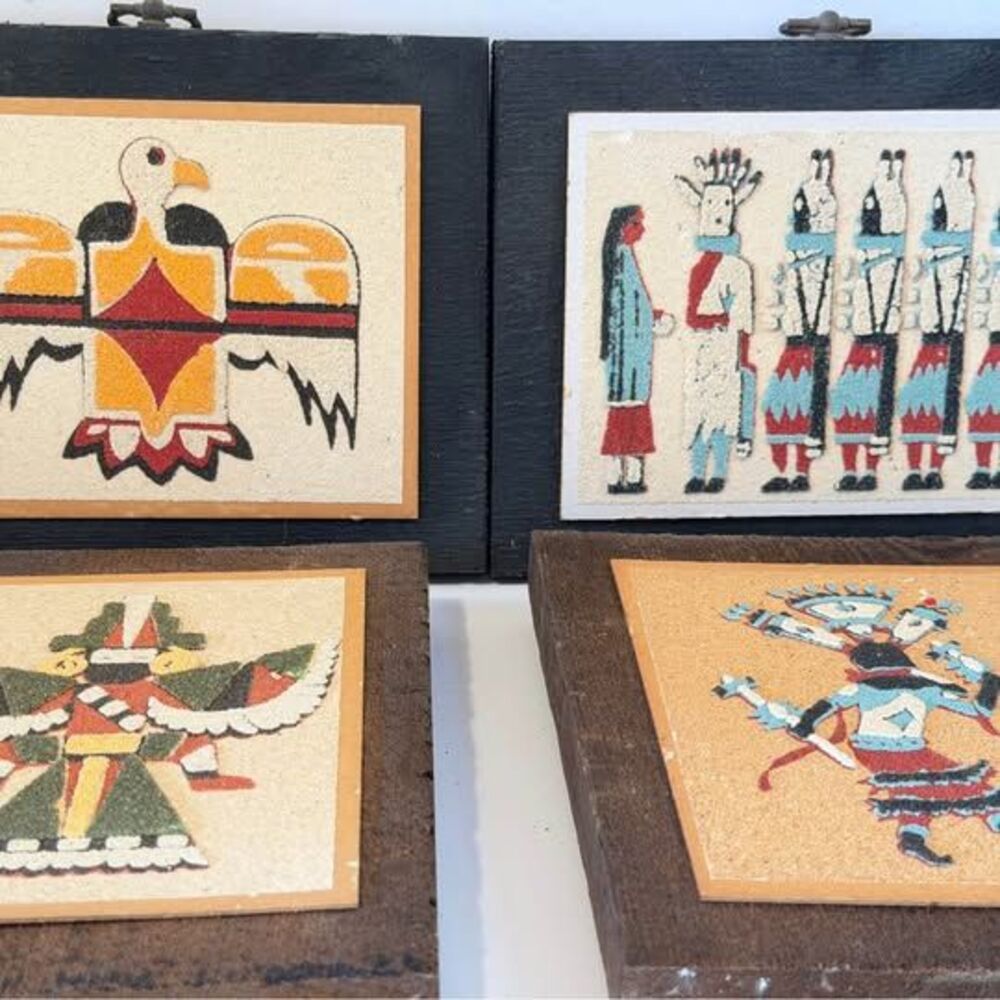 Vintage 1974 Shalako Dist. Co. Apache Mountain Spirit Dancer Sand Art Set of 4